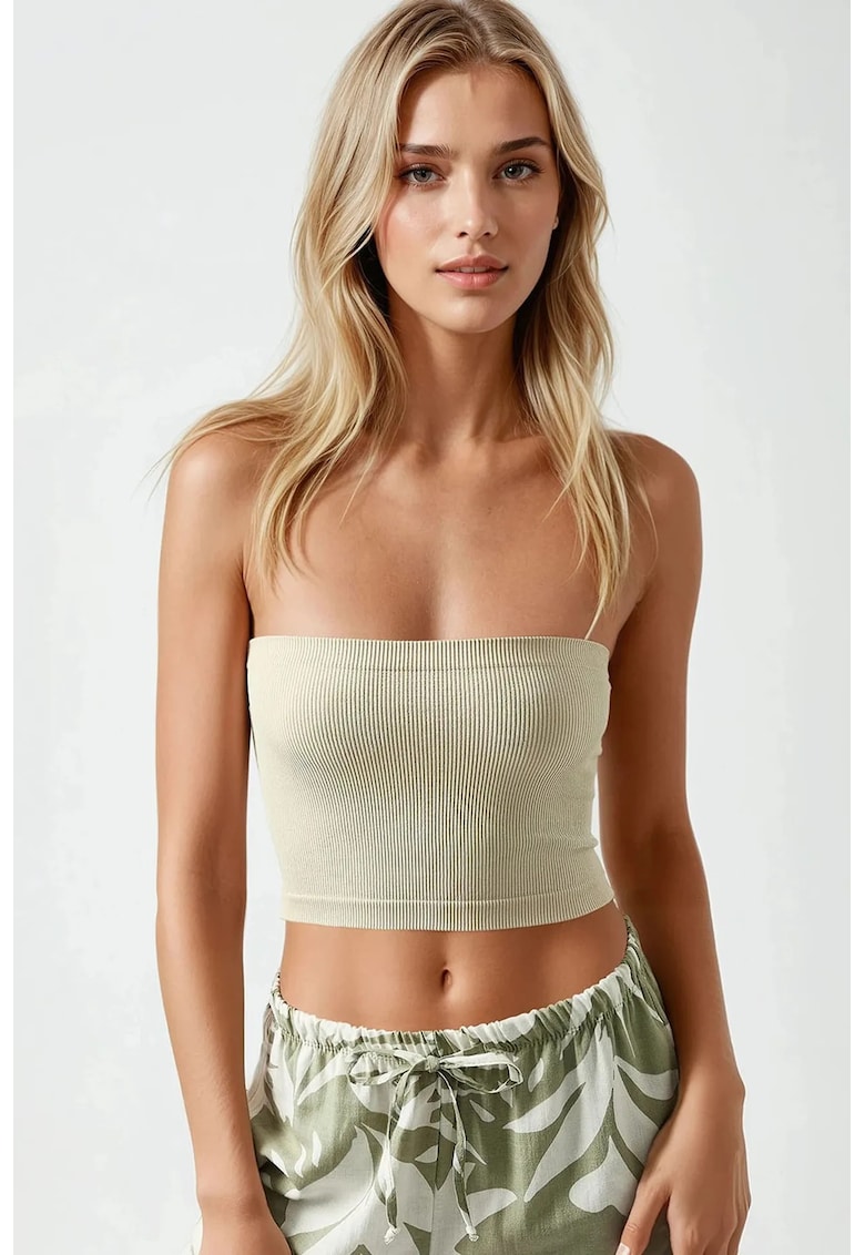 Top scurt dama - slim fit - jerseu - fara bretele - bej