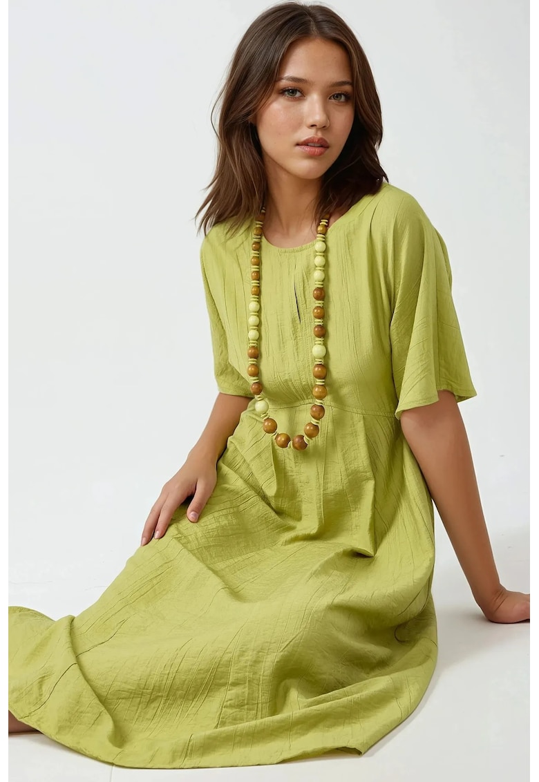 Rochie midi - linie A - guler rotund - verde masliniu - material textil