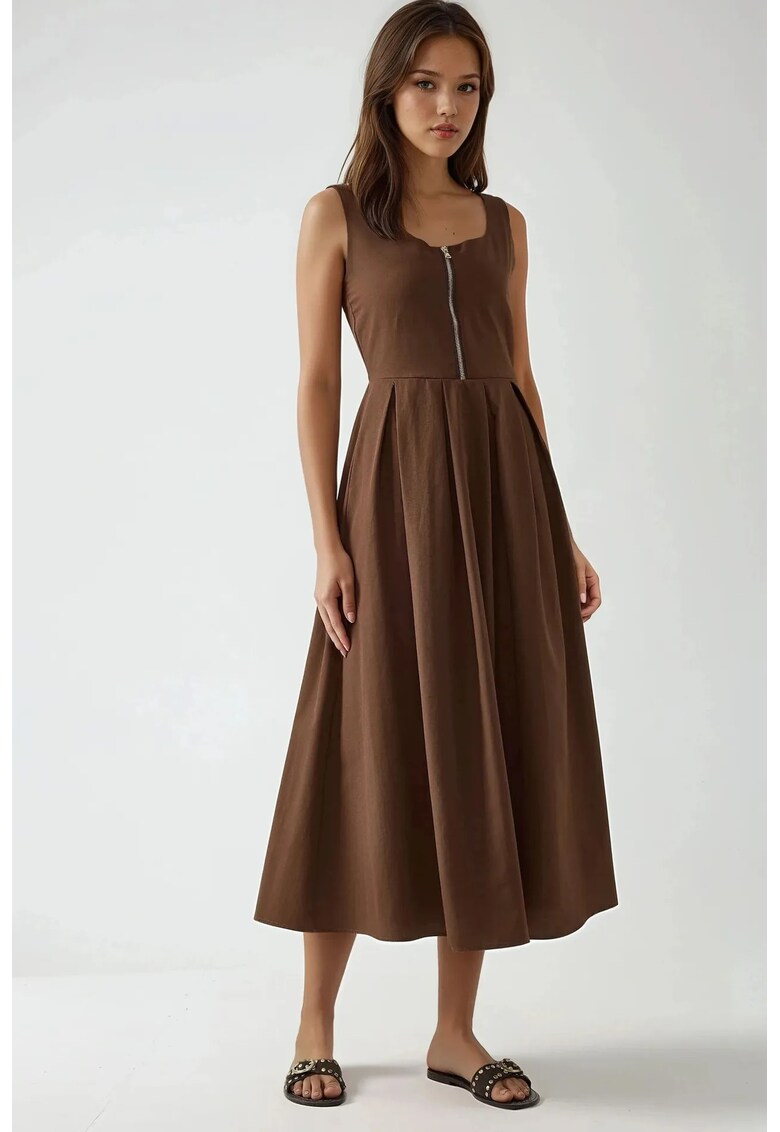 Rochie maxi - A-line - decolteu rotund - fermoar - maro - textil