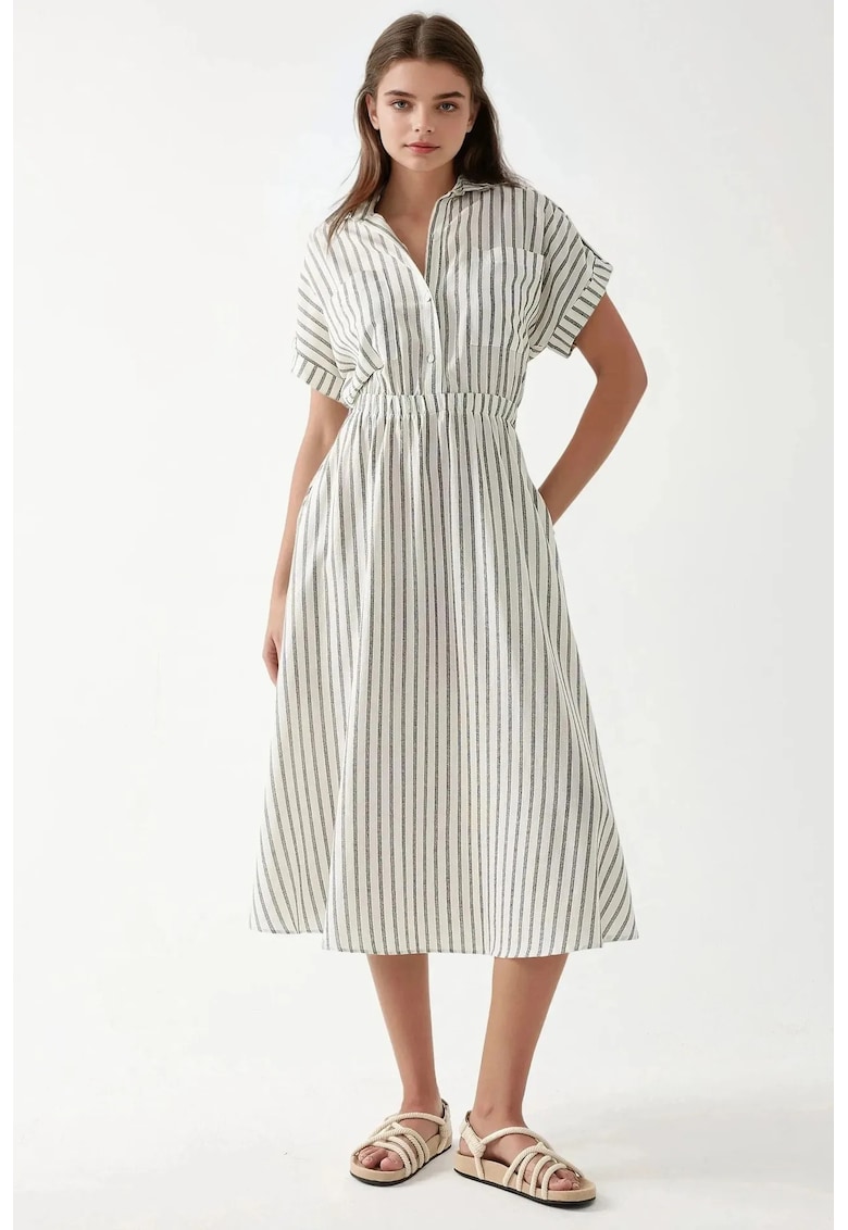 Rochie midi - cu dungi - guler camasa - alb - textil