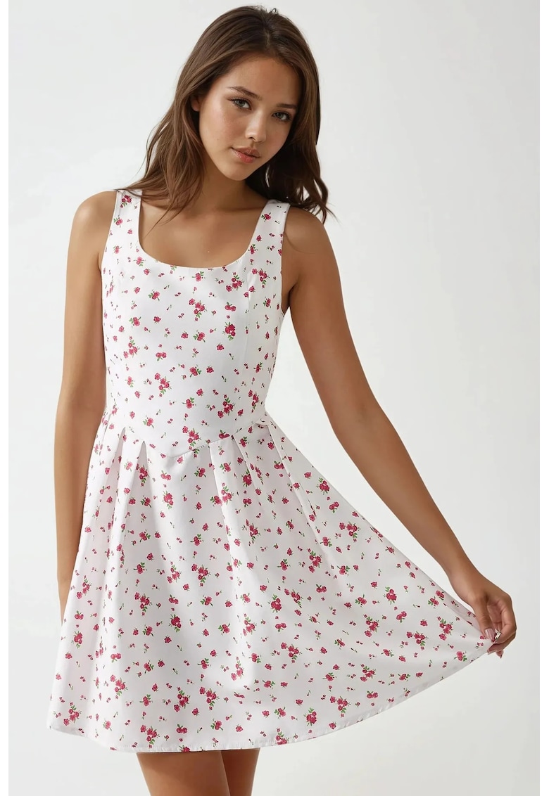 Rochie mini - croiala in forma de A - guler rotund - imprimeu floral - alba - textil