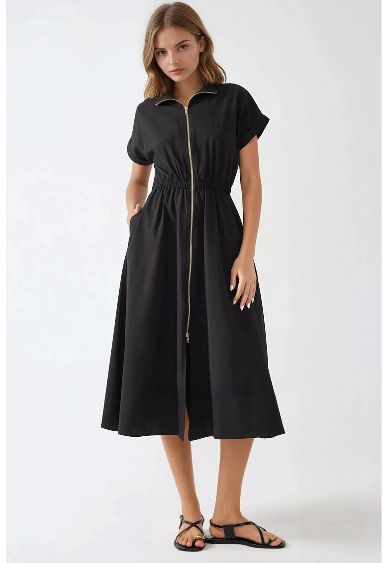 HiCCUP Rochie midi - guler camasa - fermoar - negru - textil