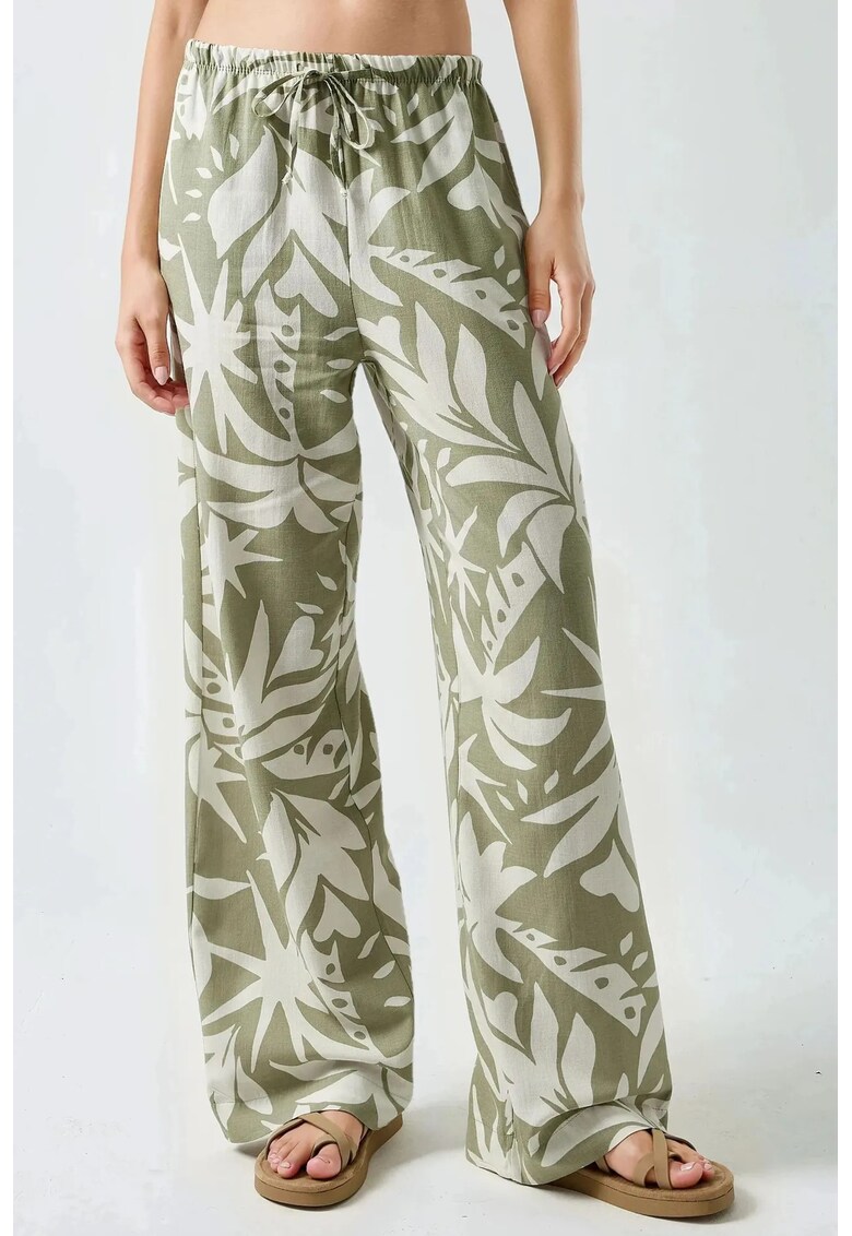 Pantaloni dama - drepti - imprimeu floral - verde - material textil