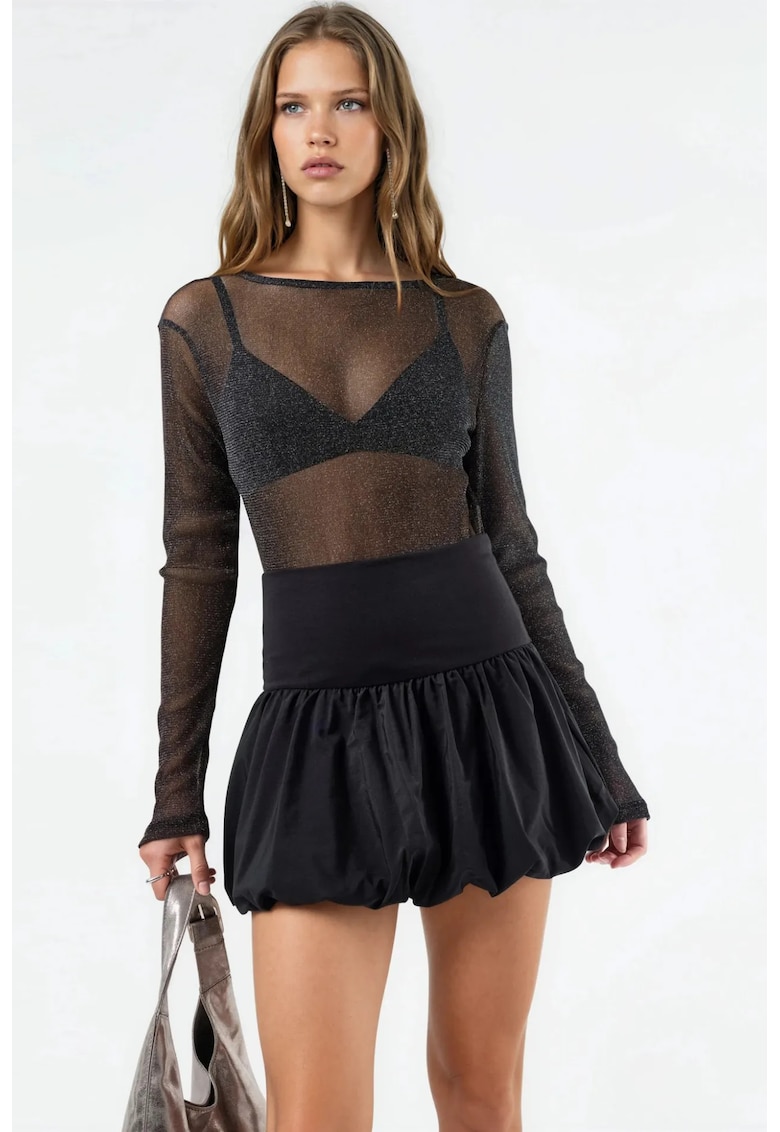 Fusta mini skater talie inalta - neagra - poliester-bumbac