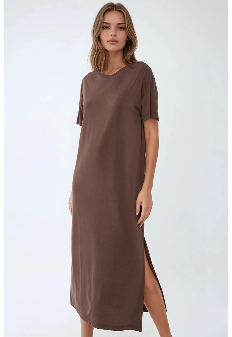 Rochie midi - croiala lejera - maro - poliester/ modal