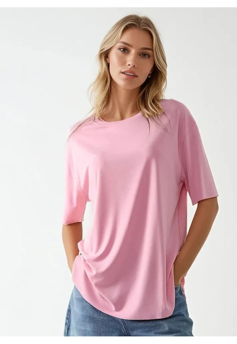 Tricou dama - tricotat - guler rotund - maneca scurta - roz - jerseu