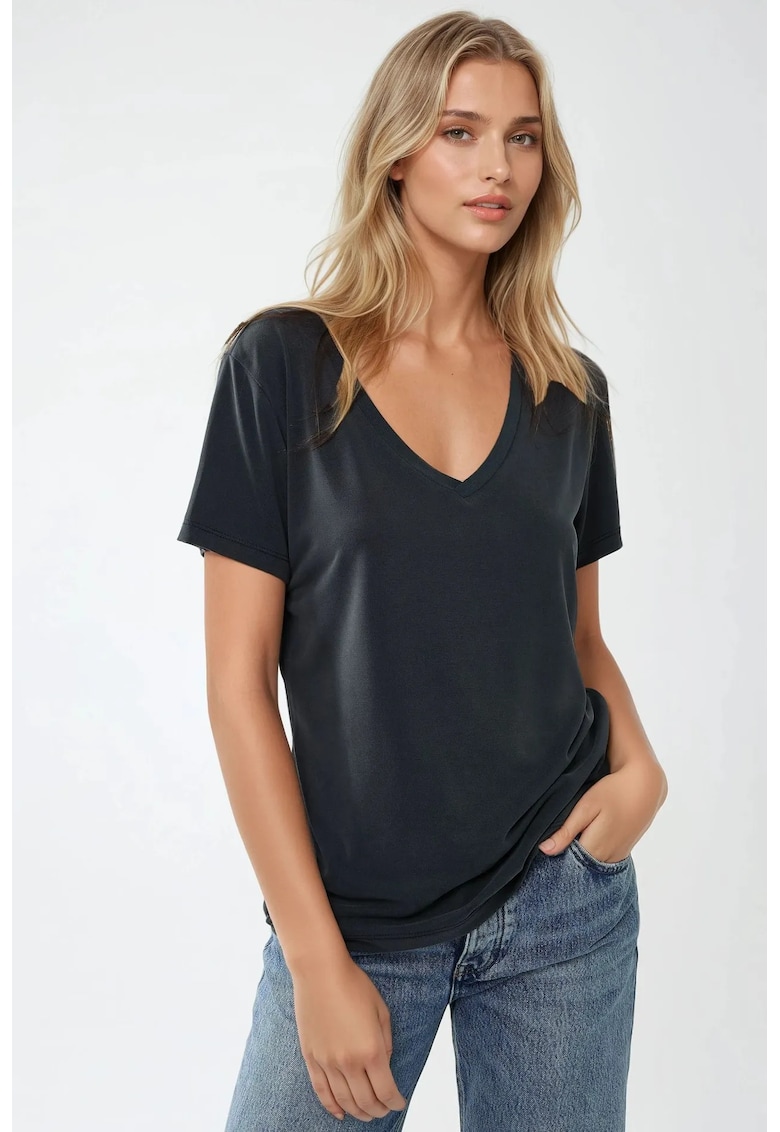 Tricou dama - decolteu in V - maneca scurta - gri carbune - din jerseu