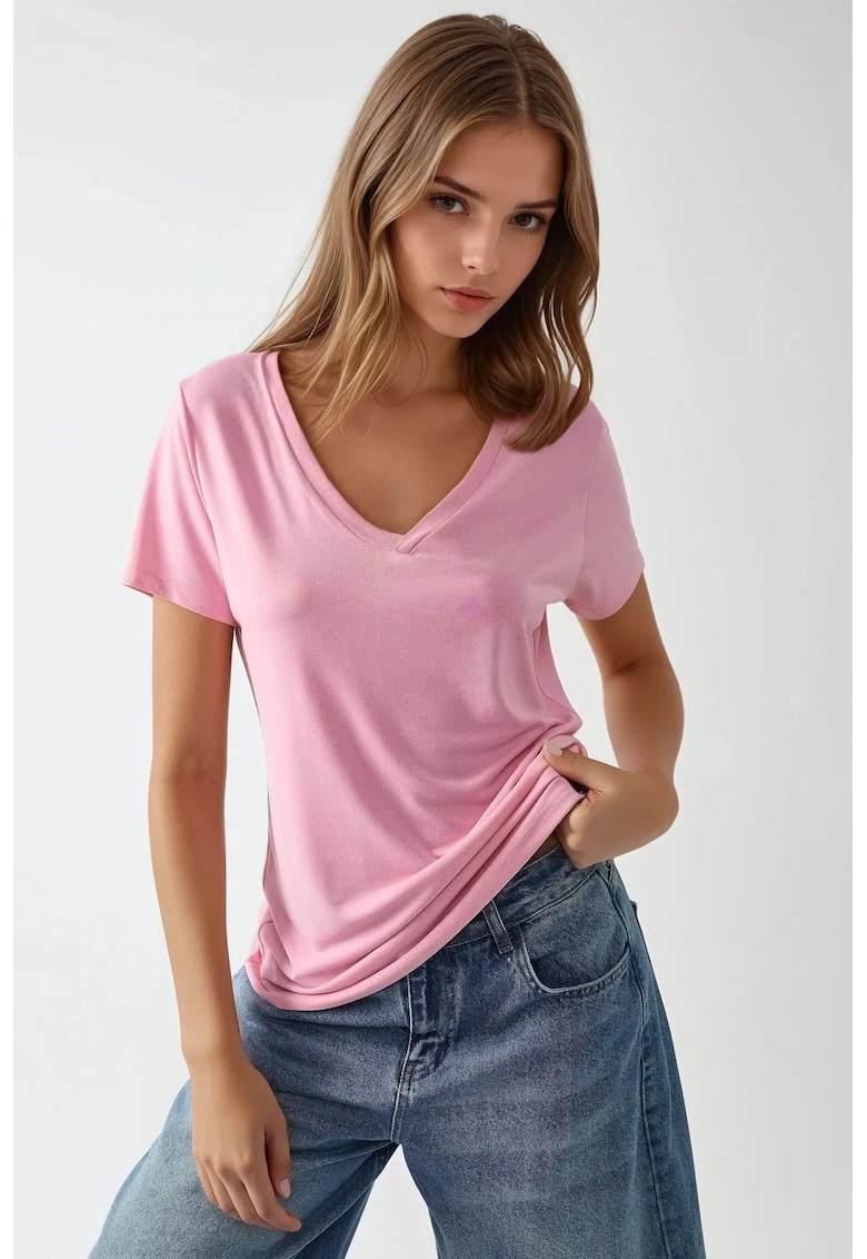 Tricou dama - decolteu in V - maneca scurta - roz - jerseu