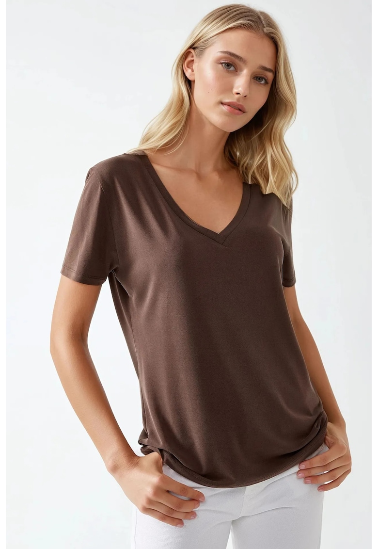Tricou dama - decolteu in V - maneca scurta - maro - din jerseu