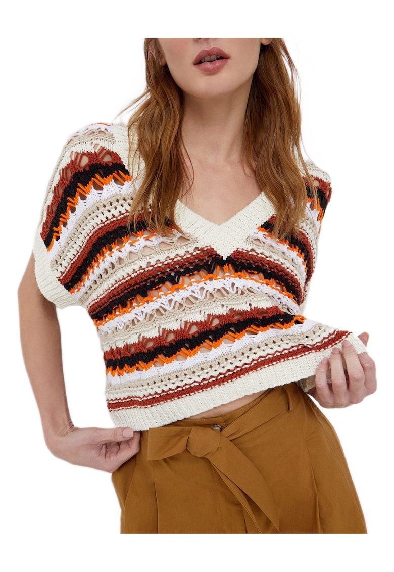 Pulover crosetat cu maneca scurta si dungi -