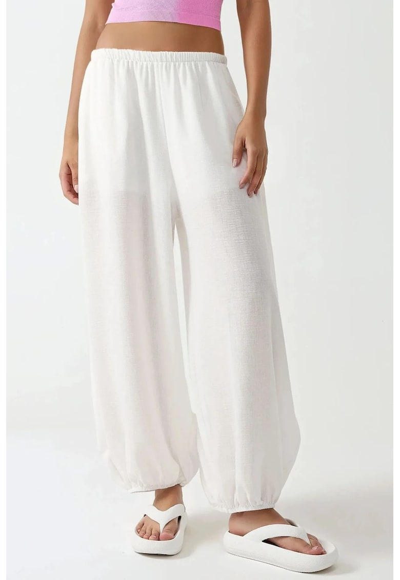 Pantaloni jogger -  talie joasa - croiala larga - alb - poliester Pantaloni jogger -  talie joasa - croiala larga - alb - poliester