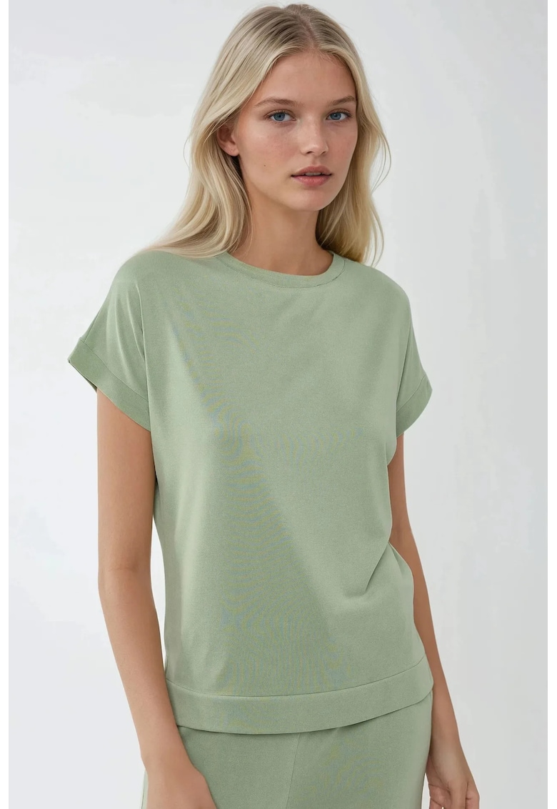 Tricou dama  verde - poliester-modal - maneca scurta - design cu guler rotund