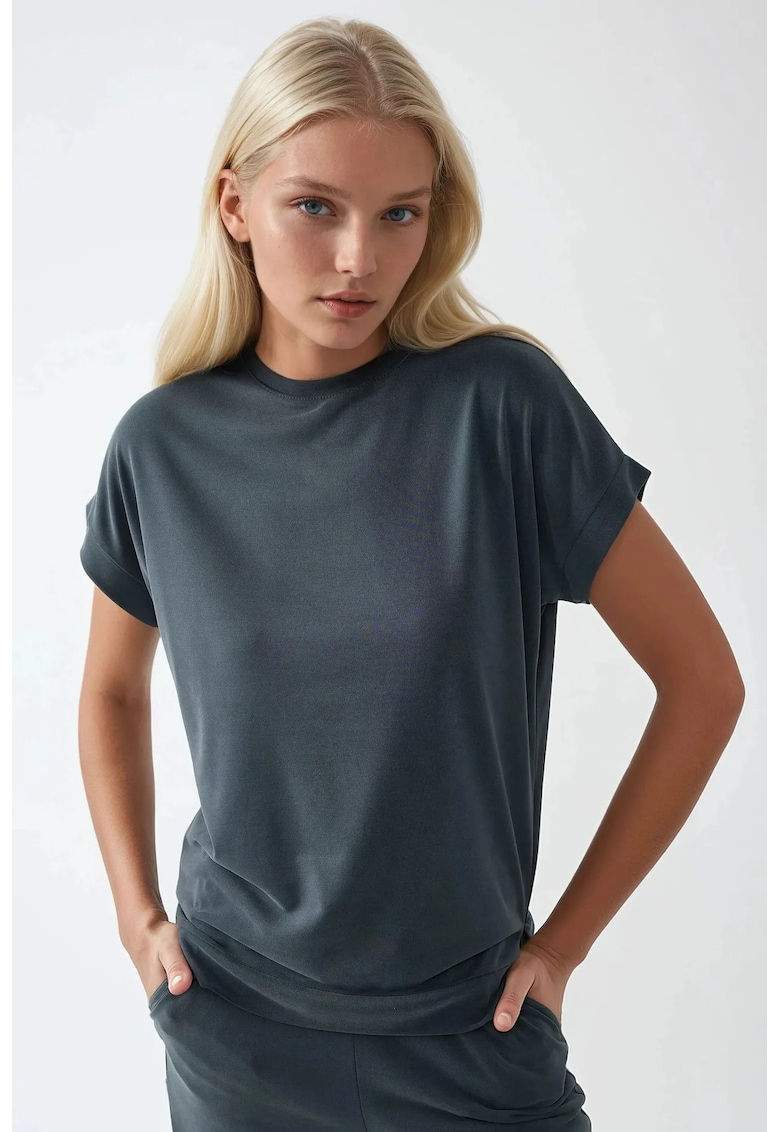 Tricou dama  gri - poliester-modal - maneca scurta - design cu guler rotund