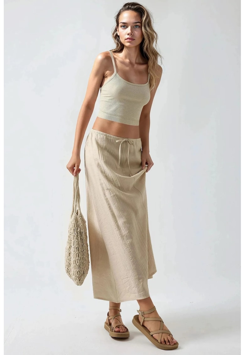 Fusta maxi - model cu talie inalta - bej - textil