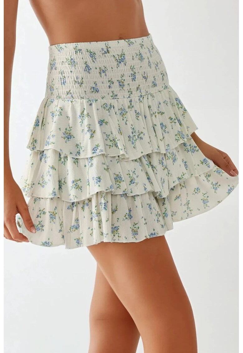 Fusta mini - imprimeu floral - talie elastica - multicolor - alb cu flori albastre