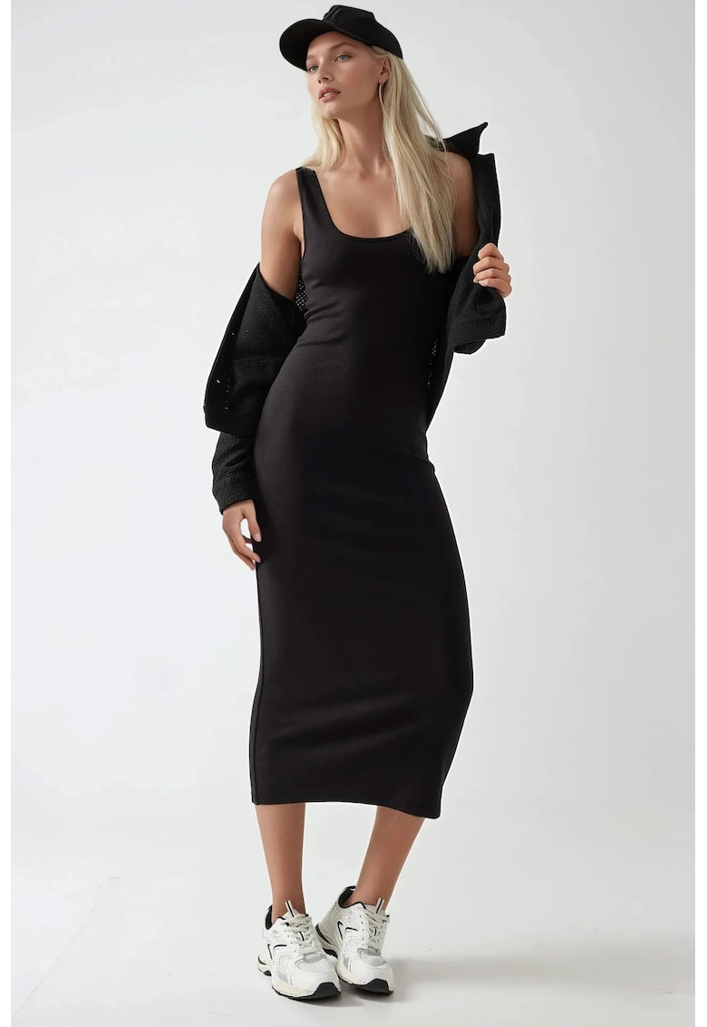 Rochie midi -  slim fit - guler in U - negru - modal - bumbac - elastan