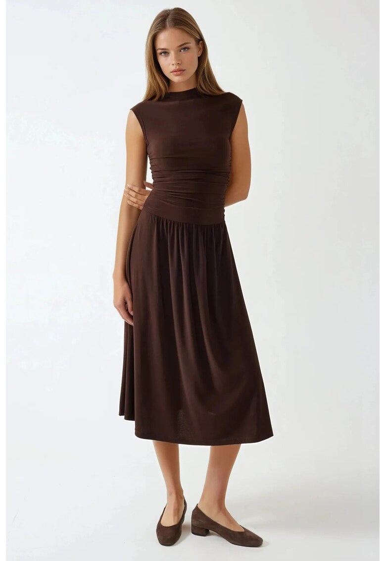 Rochie midi confortabila - guler rotund - maro - jerseu