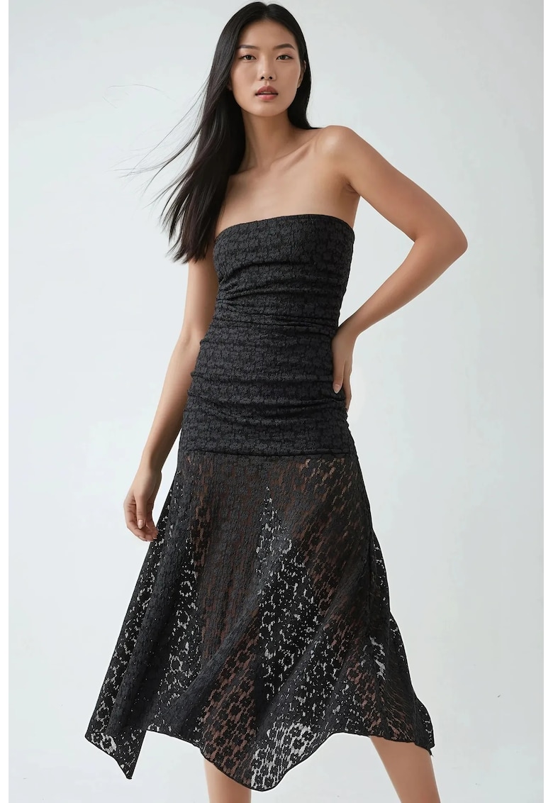 Rochie midi din dantela  fara bretele - negru - eleganta