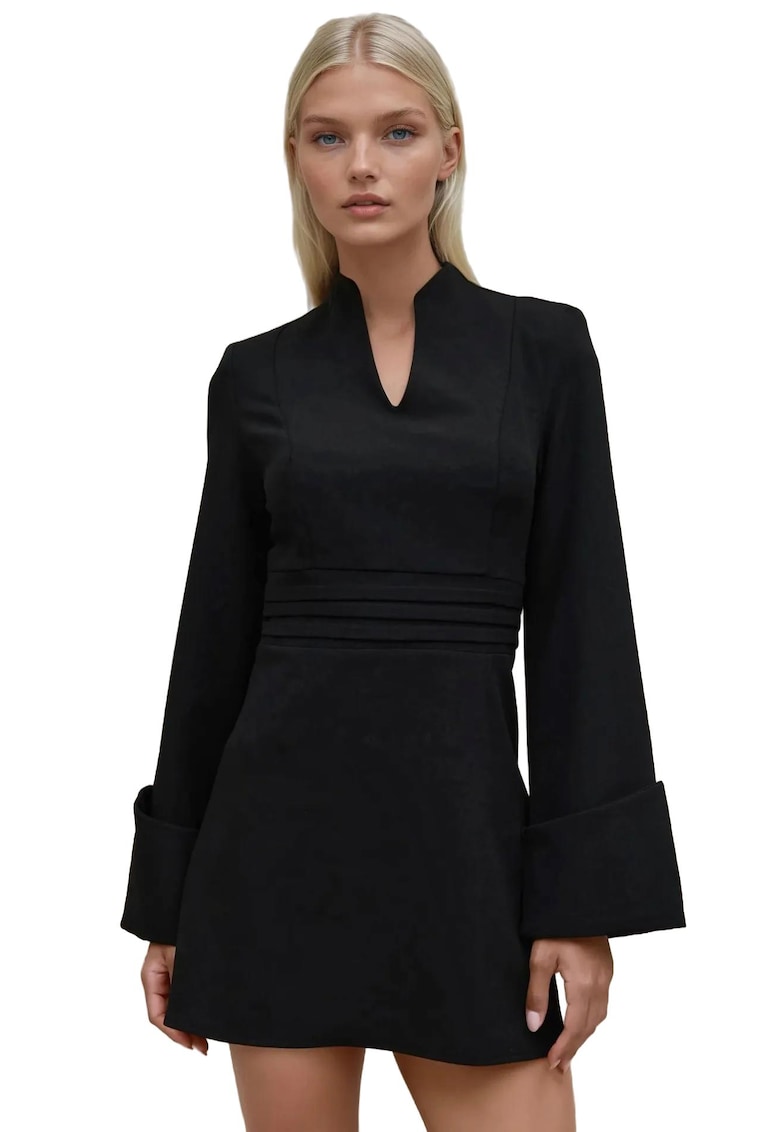 Rochie mini - decolteu in V - maneci lungi - textil - Negru