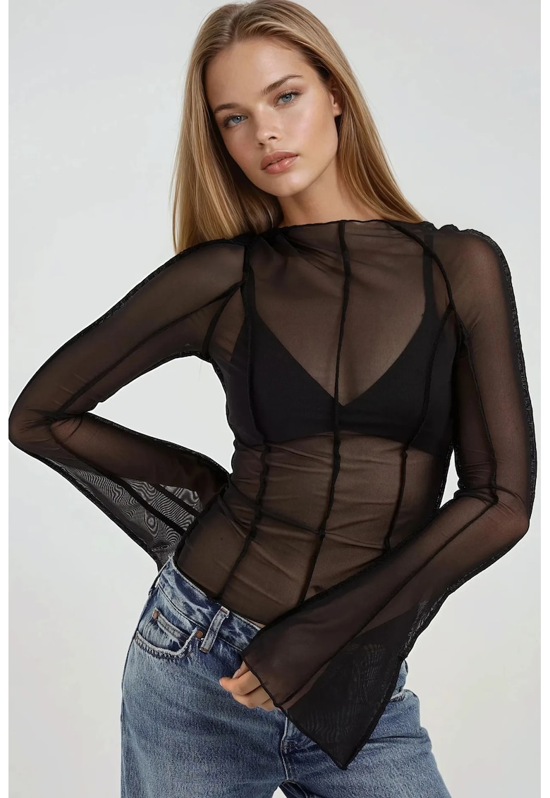 Bluza dama - maneca lunga - jerseu - negru transparent