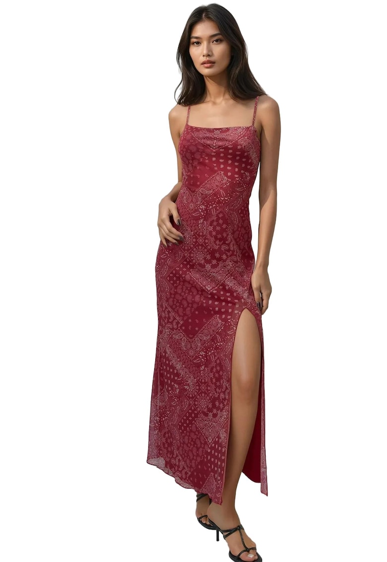 Rochie midi cu guler patrat și imprimeu roșu