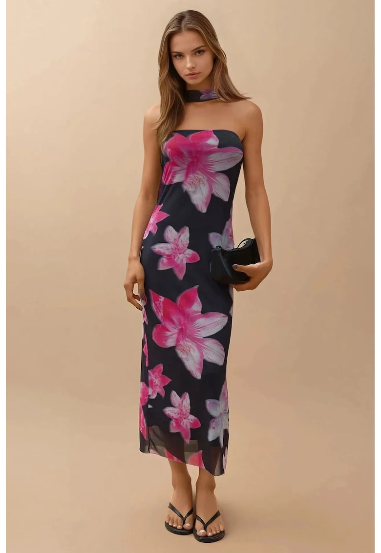 Rochie midi -  imprimeu floral - slim fit - roz - jerseu
