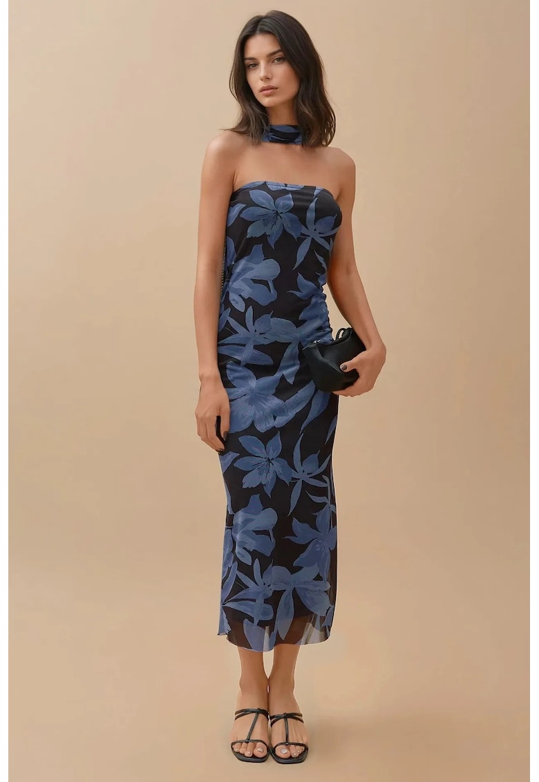 Rochie midi -  imprimeu floral - slim fit - albastru - jerseu
