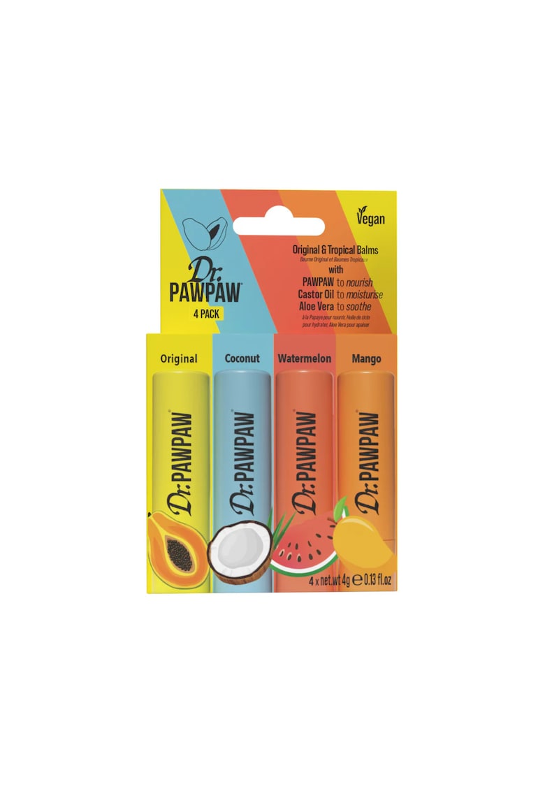 Set 4 balsamuri de buze - cu pawpaw - ulei de ricin si aloe vera - Original & Tropical Balms - 4 x4 g Set 4 balsamuri de buze - cu pawpaw - ulei de ricin si aloe vera - Original & Tropical Balms - 4 x4 g