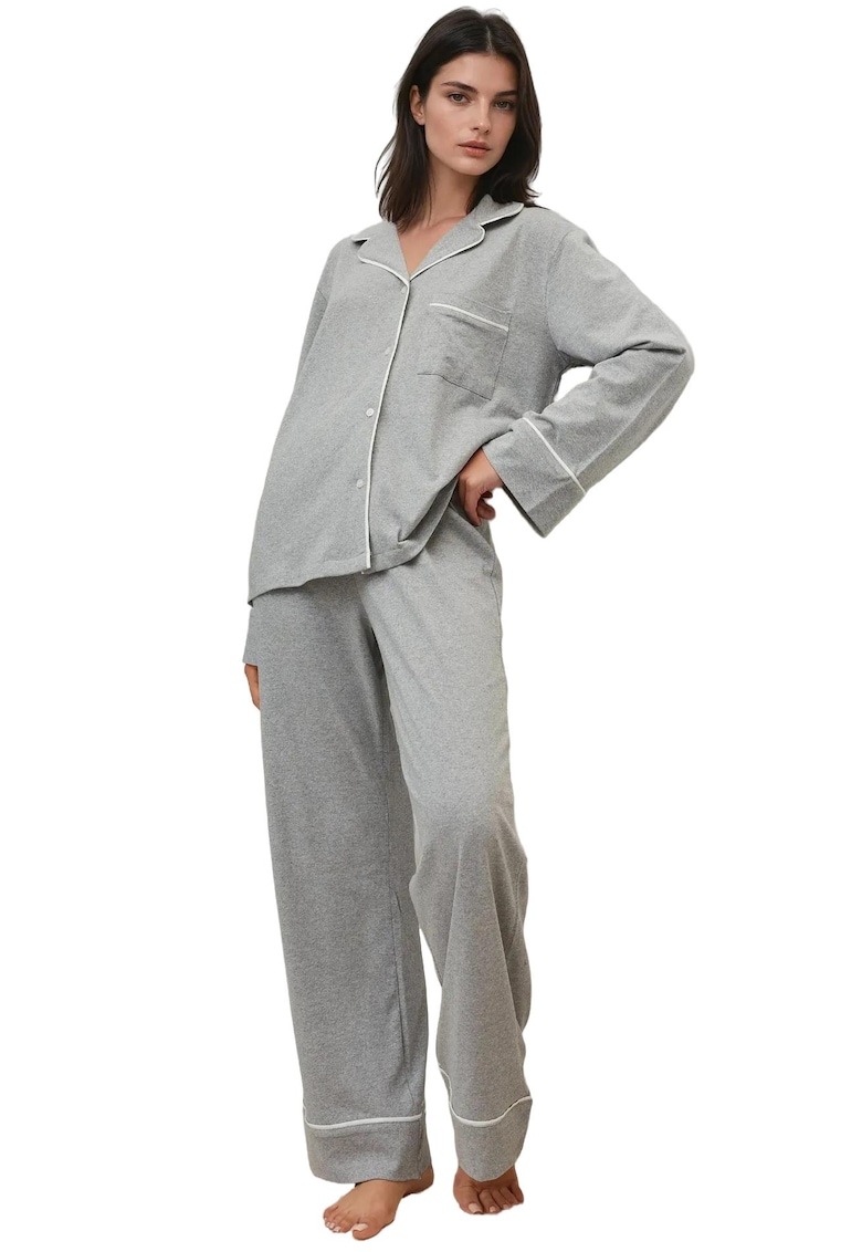 Set pijamale dama - bumbac/jerseu - guler elegant - gri