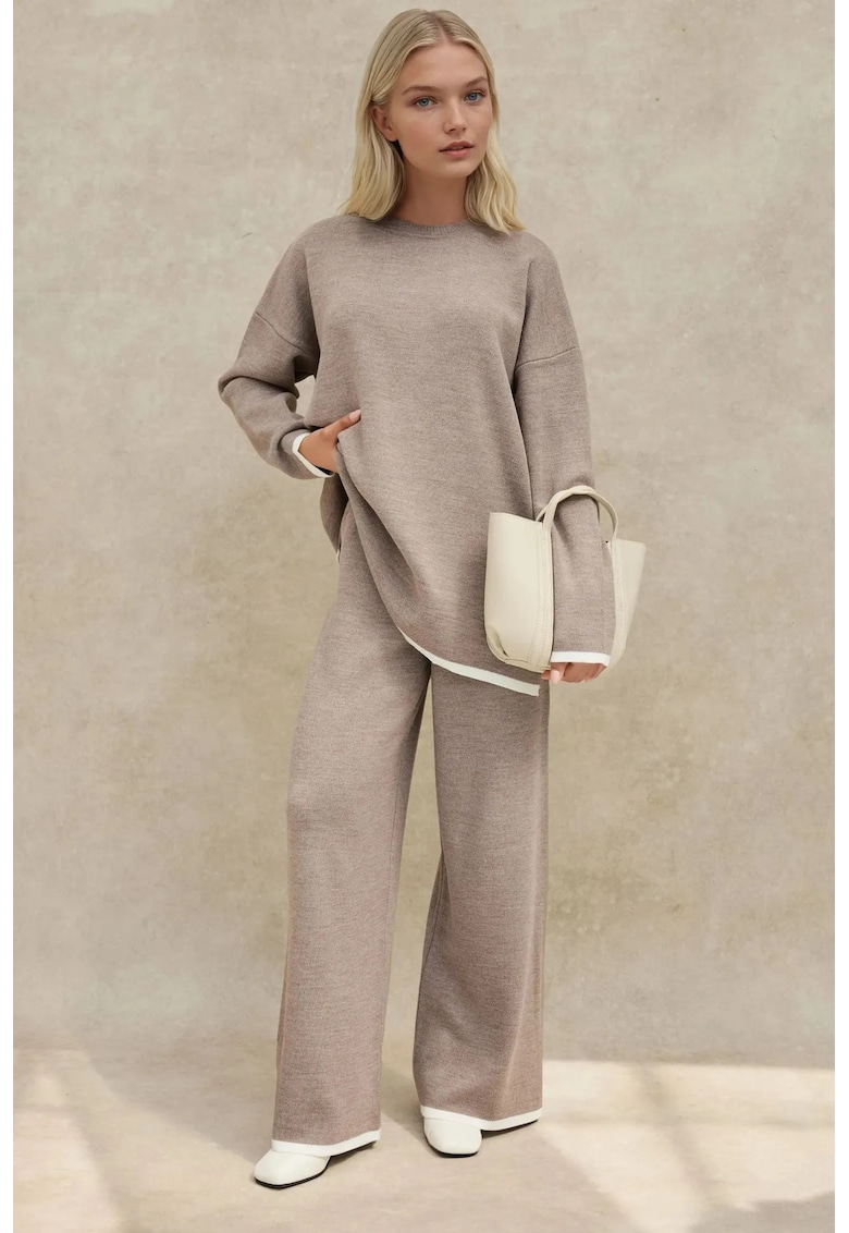 Compleu dama cu pantaloni evazati - bej - tricot