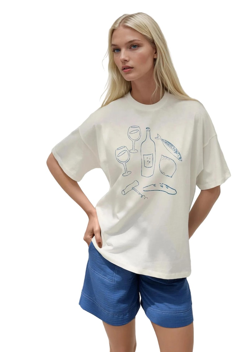 Tricou dama  bumbac - imprimeu supradimensionat - alb