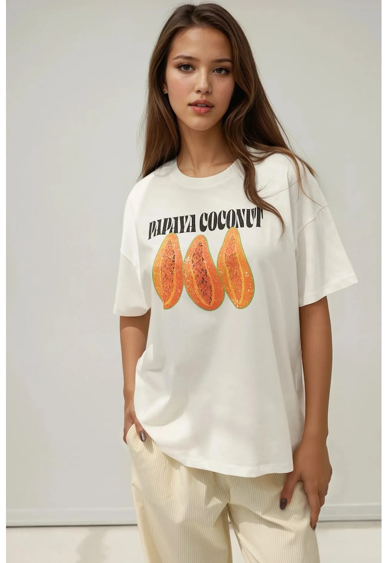 Tricou dama  bumbac 100% - supradimensionat - portocaliu/alb