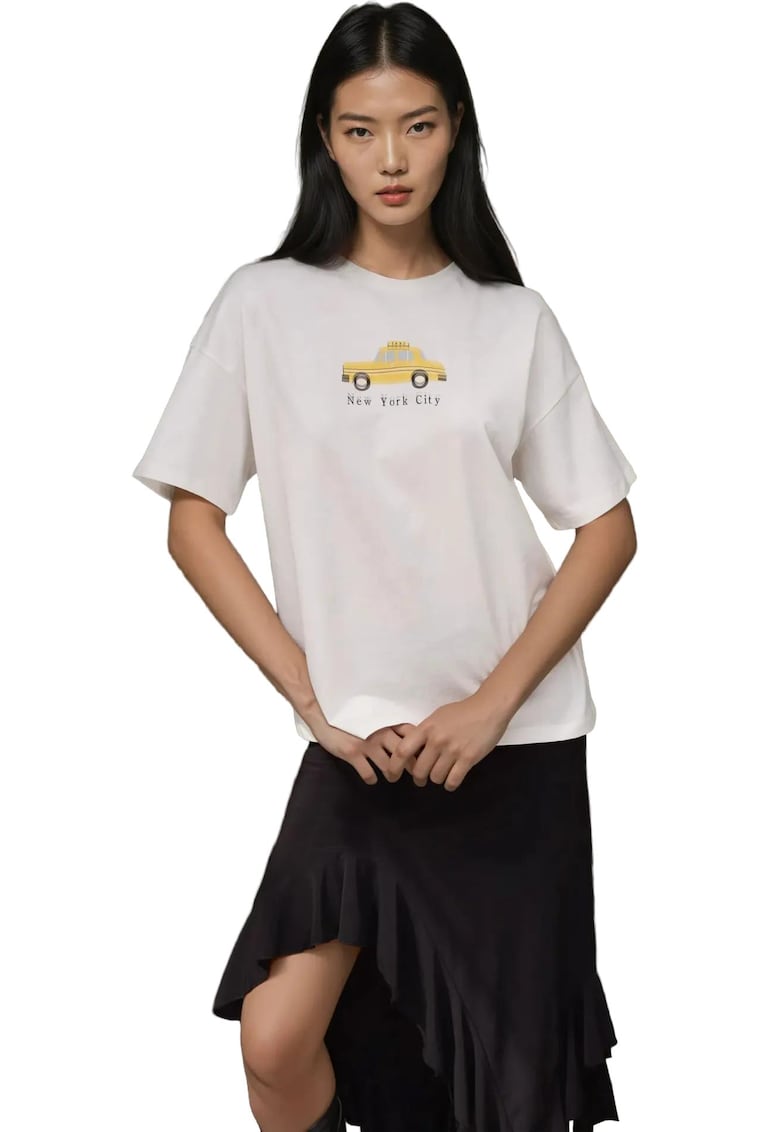 Tricou dama  bumbac - supradimensionat - galben/alb