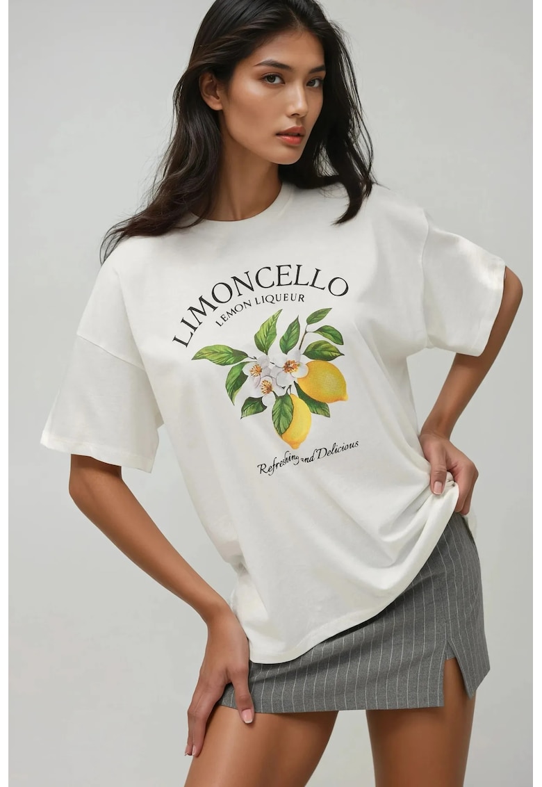 Tricou dama  bumbac 100% - supradimensionat - galben/alb