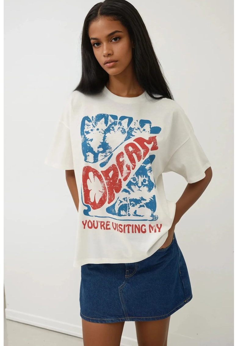 Tricou dama  bumbac 100% - supradimensionat - rosu/alb