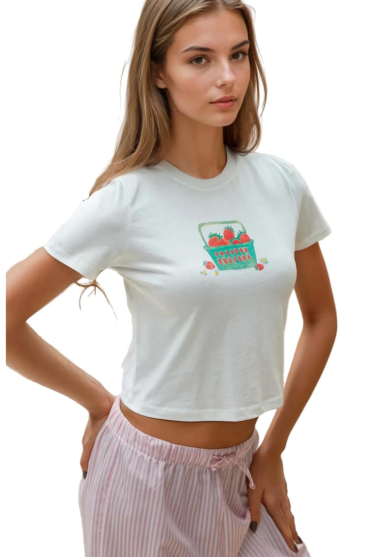 Tricou dama -  scurt - guler rotund - croiala regulata - alb - 100% bumbac