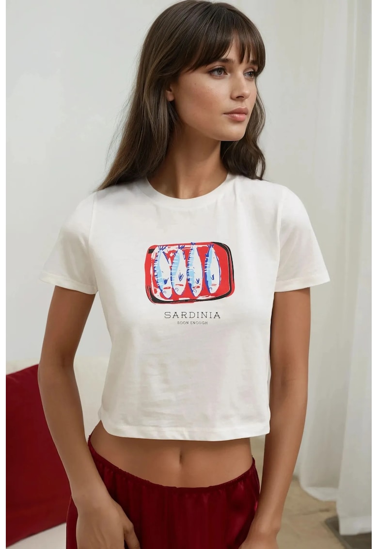 Tricou dama scurt - imprimat - alb - bumbac - Albastru