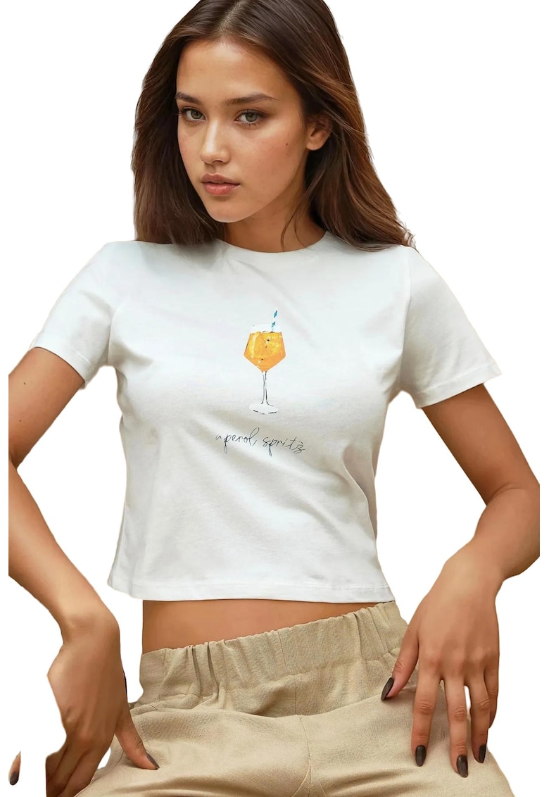 Tricou dama scurt - imprimat - alb - bumbac - Alb