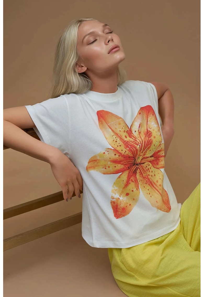 Tricou dama imprimeu - croiala regulata - portocaliu pal - bumbac