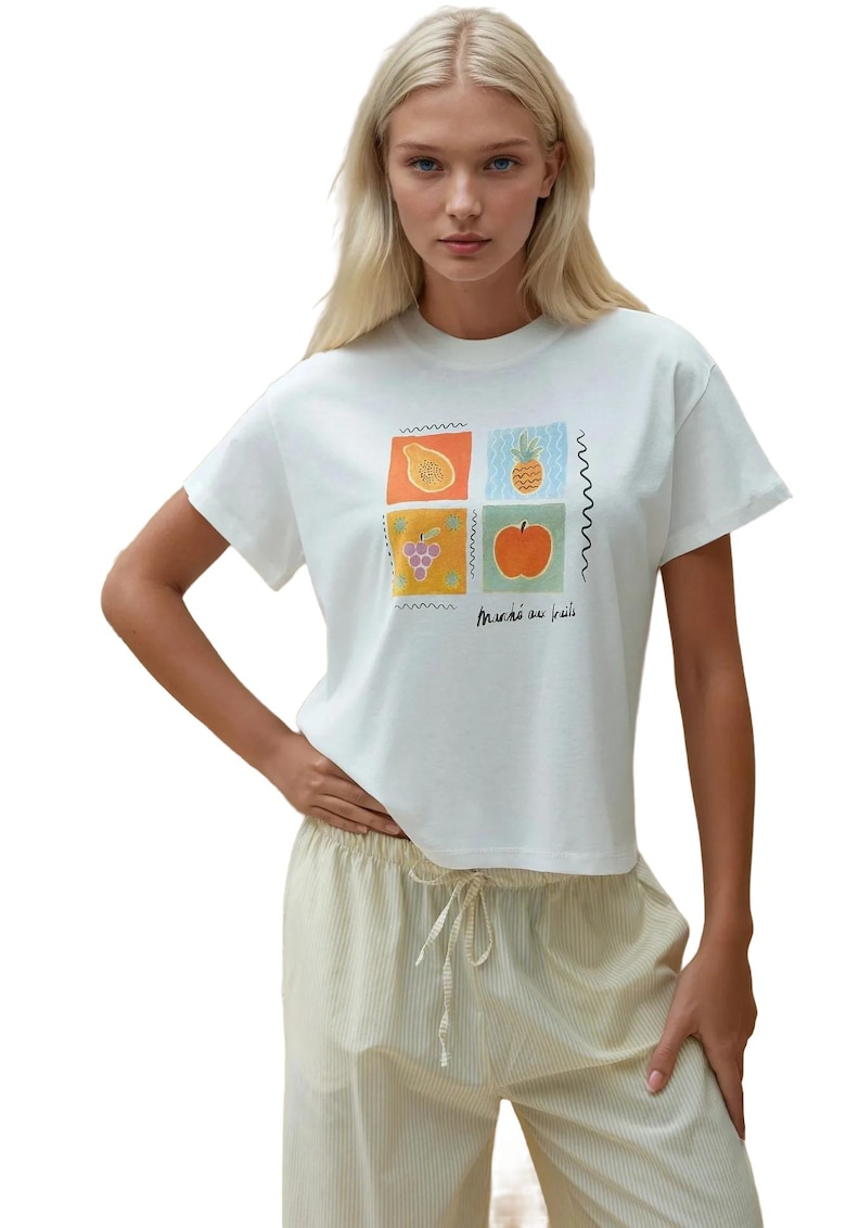 Tricou dama imprimeu - croiala regulata - maneca scurta - multicolor - bumbac