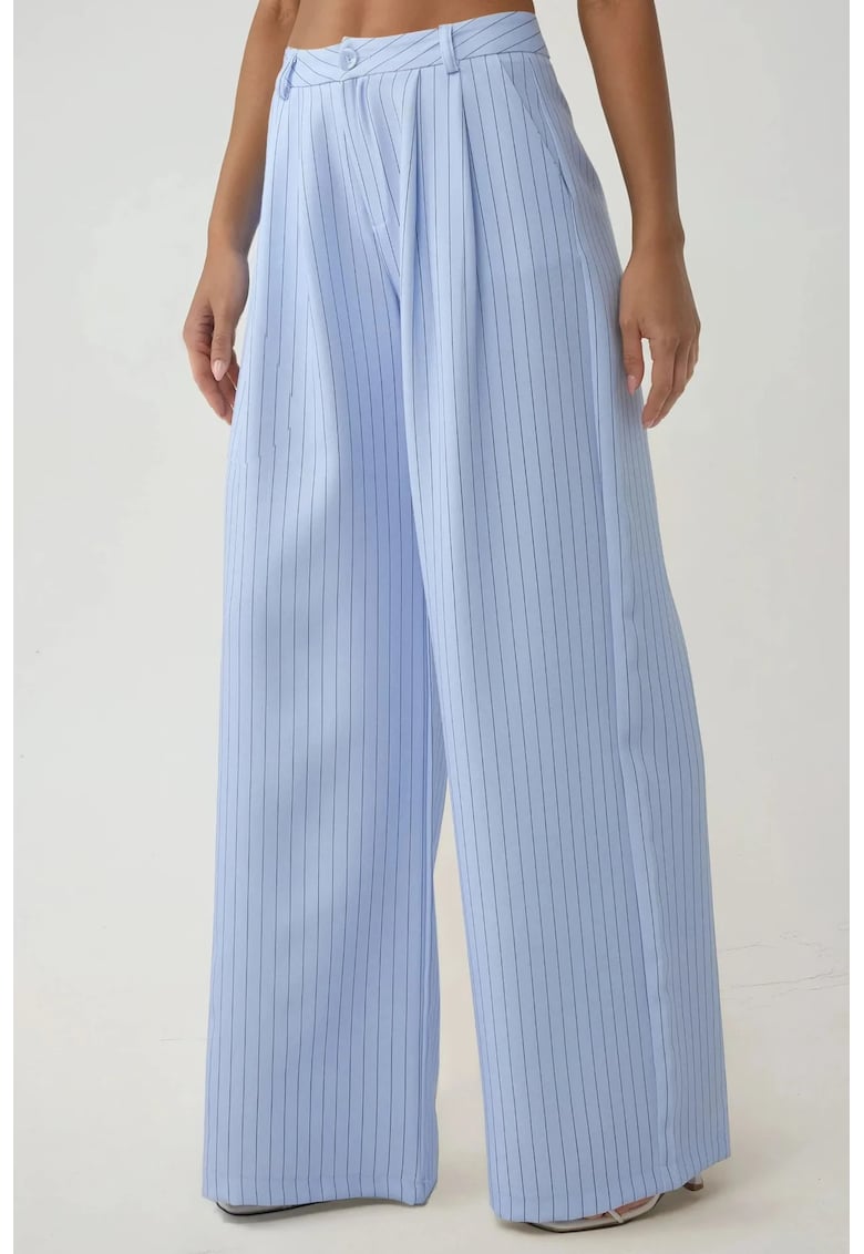 Pantaloni dama - largi cu talie inalta - dungi - albastru - poliester