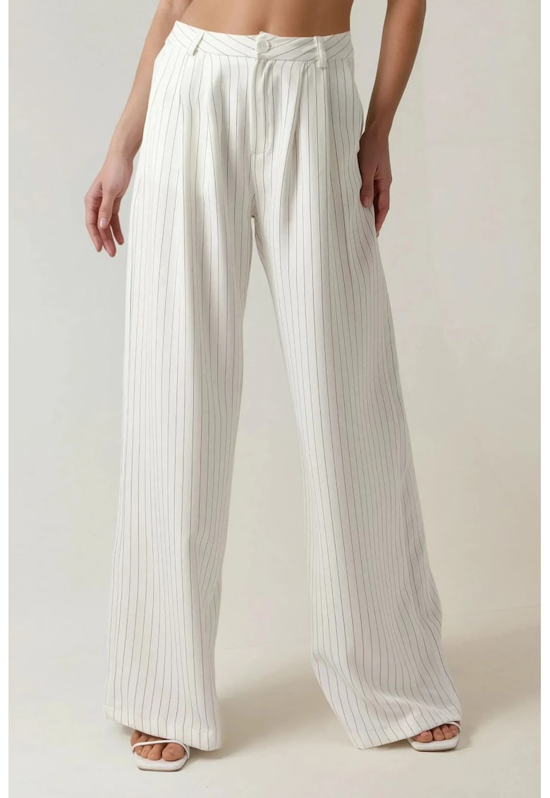 Pantaloni dama - largi cu talie inalta - dungi - alb - poliester