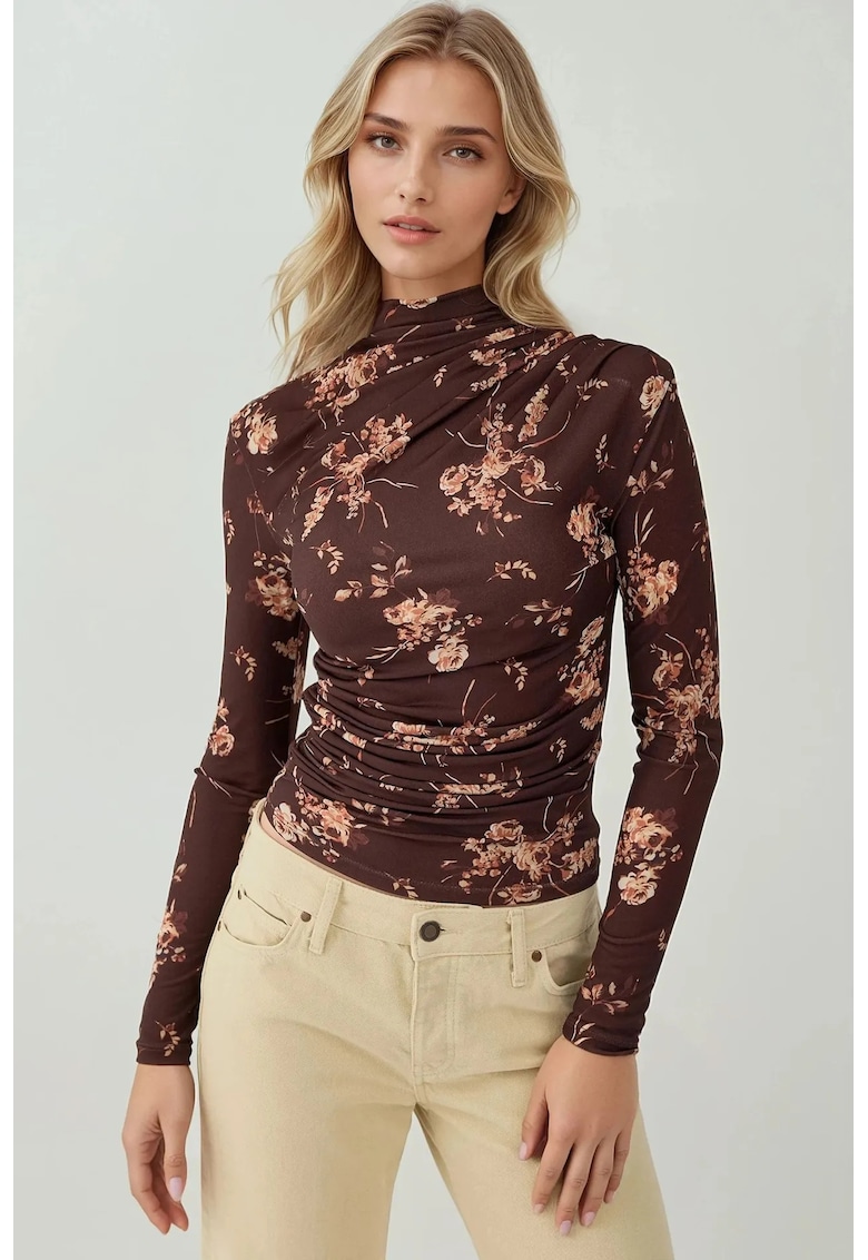 Bluza dama - imprimeu floral - maneca lunga - jerseu - maro