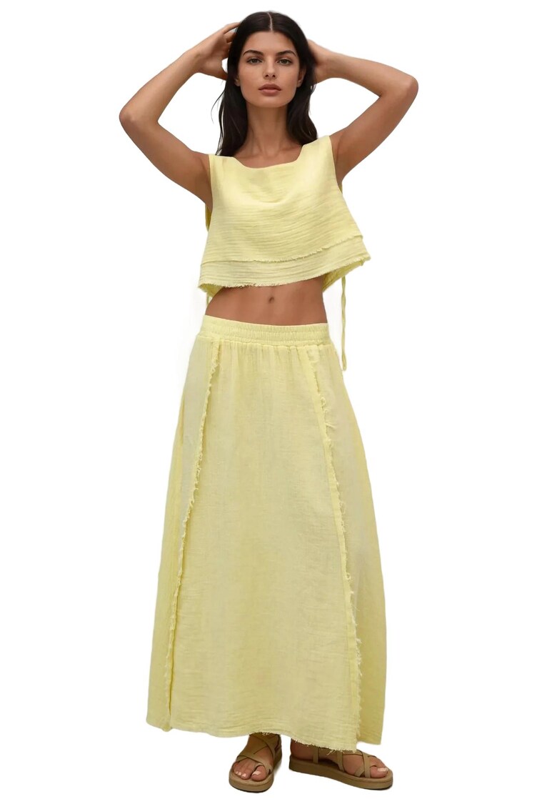 Set de doua piese - bluza cu legaturi laterale - fusta cu talie elastica - galben - muselina