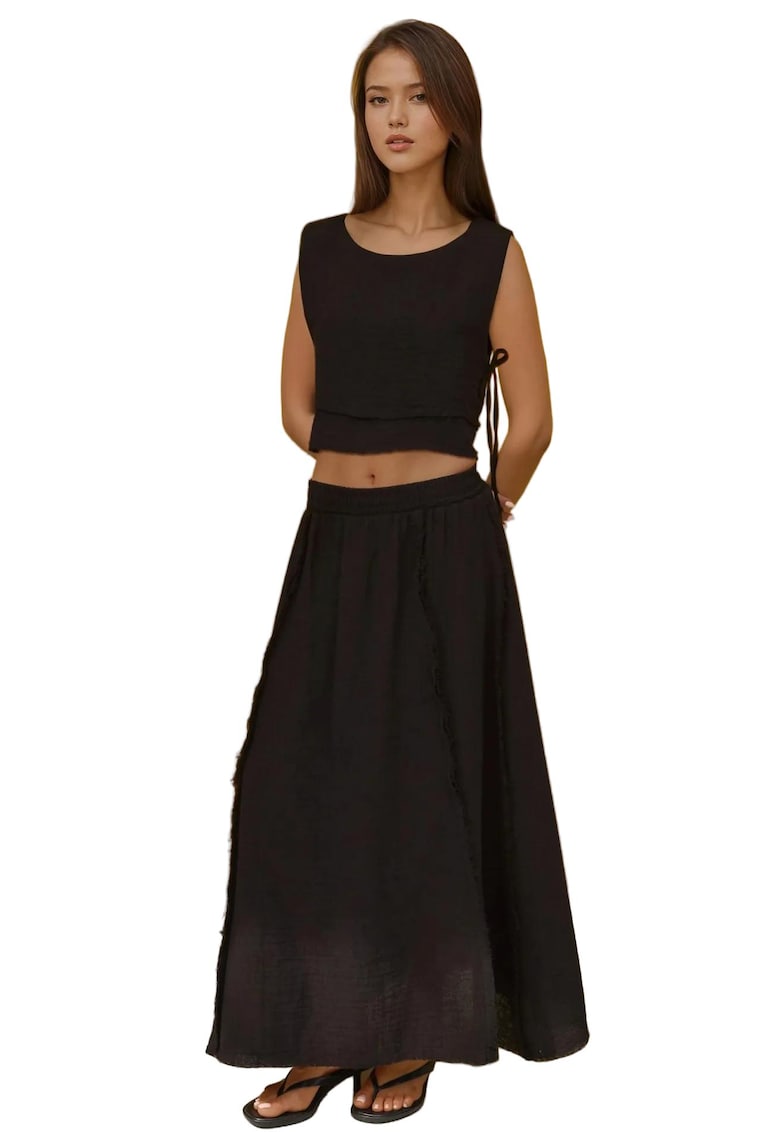 Set compleu - bluza cu legaturi laterale - fusta elastica - negru - muselina Set compleu - bluza cu legaturi laterale - fusta elastica - negru - muselina