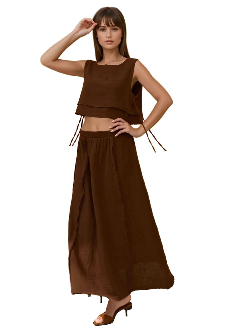 Set coordonat -  bluza cu legaturi laterale - fusta elastica - maro - muselina