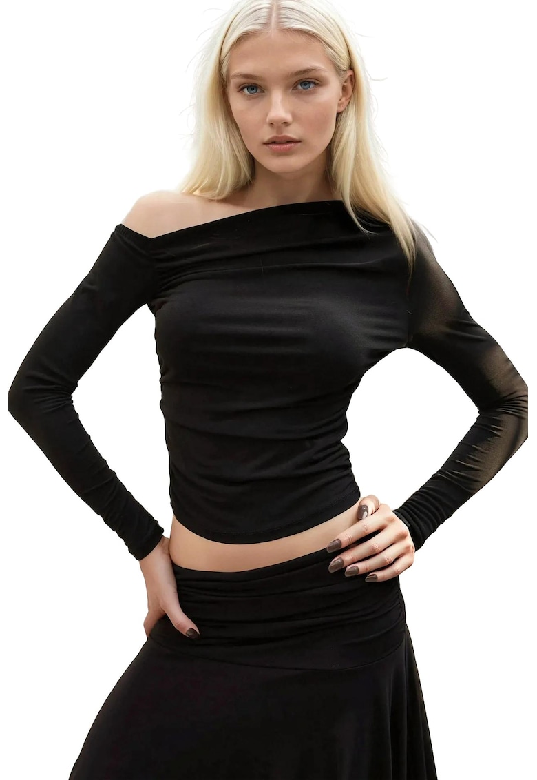Bluza dama -  cu maneca lunga - decolteu asimetric - jerseu - negru