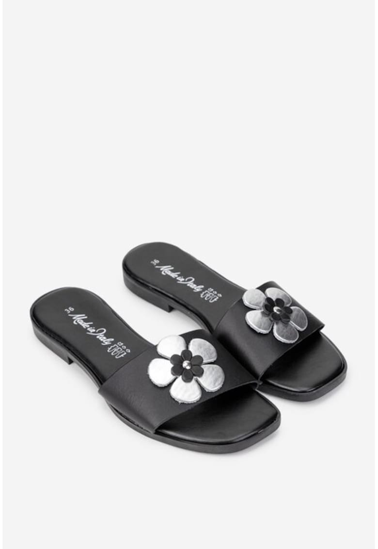 Sandale dama negre din piele cu ornament model tip papuc