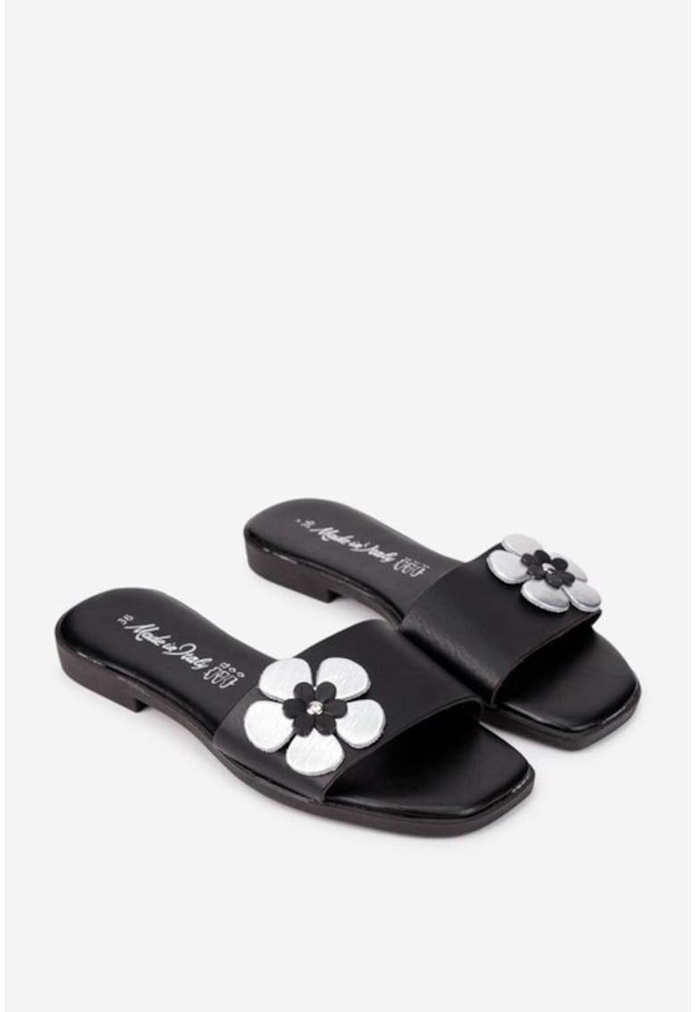 Papuci dama negre din piele naturala cu floare