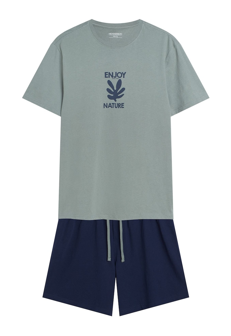 Un set unic de pijamale pentru barbati - format dintr-un tricou si pantaloni scurti cu un imprimeu unic - khaki - albastru Legend